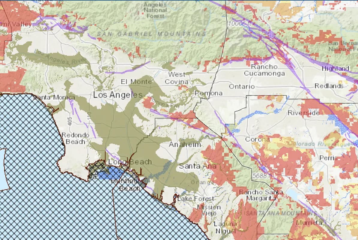 Screenshot of the Cal OES MyHazards tool showing flood, landslide, and wildfire hazard layers for a Southern California address.