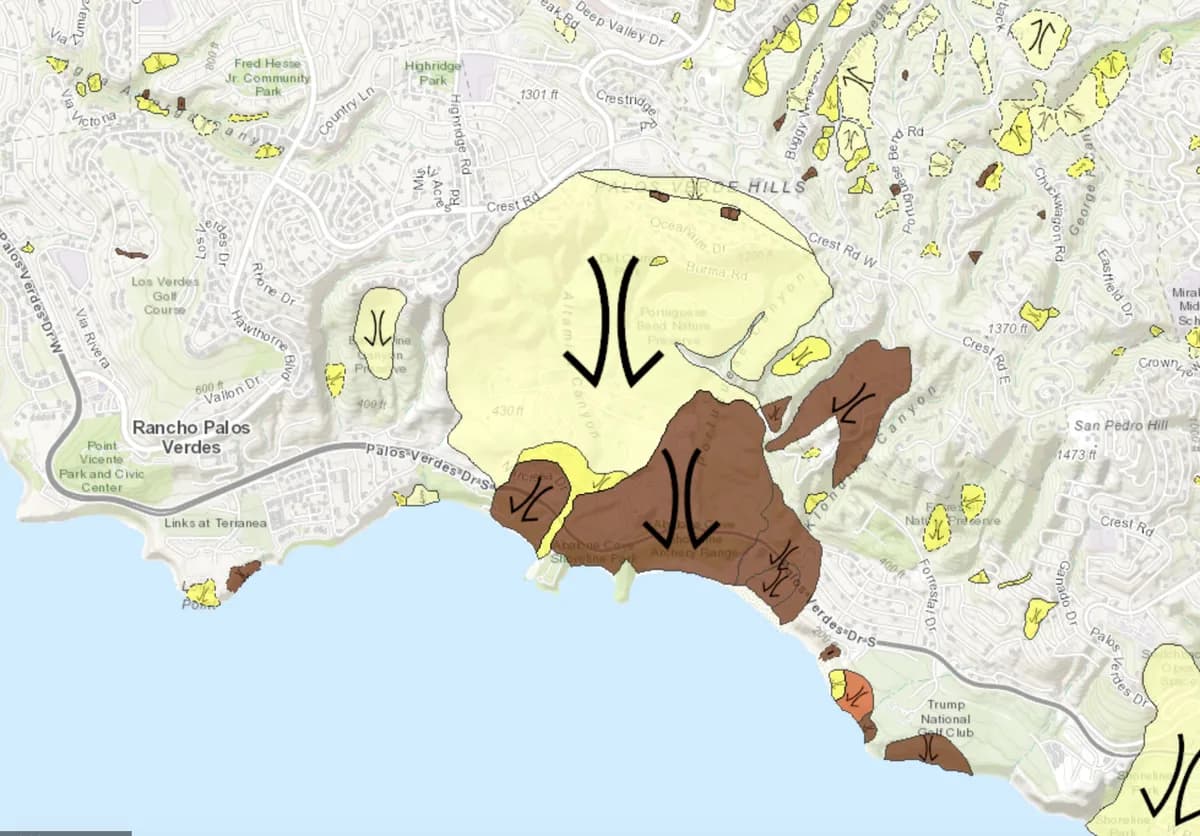 Screenshot of the California Geological Survey landslide susceptibility map showing shaded hazard zones over hillside terrain.