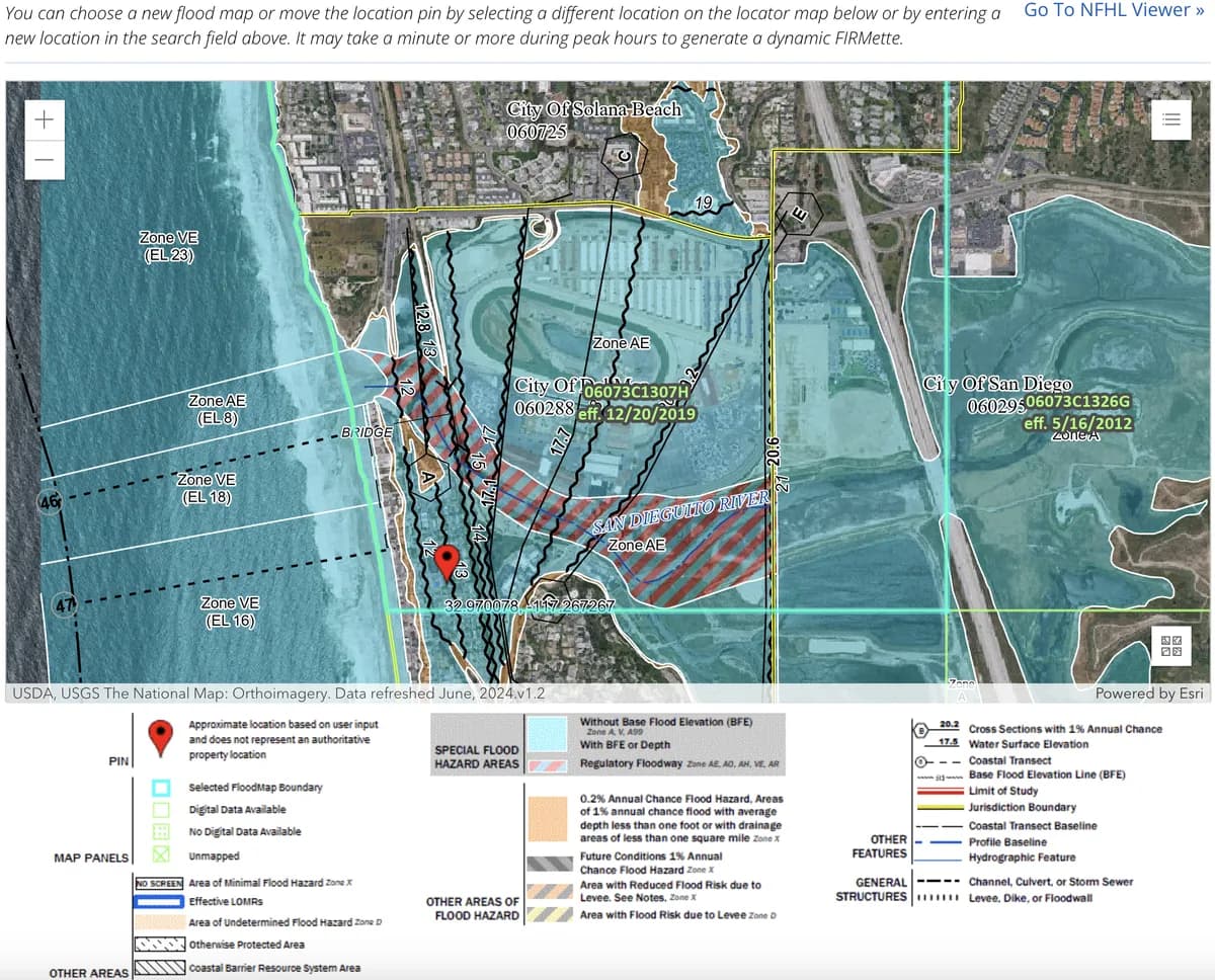 Screenshot of a FEMA flood map (FIRMette) for the Del Mar coastline in San Diego County, showing coastal and riverine flood zones along the San Dieguito River and the map legend.