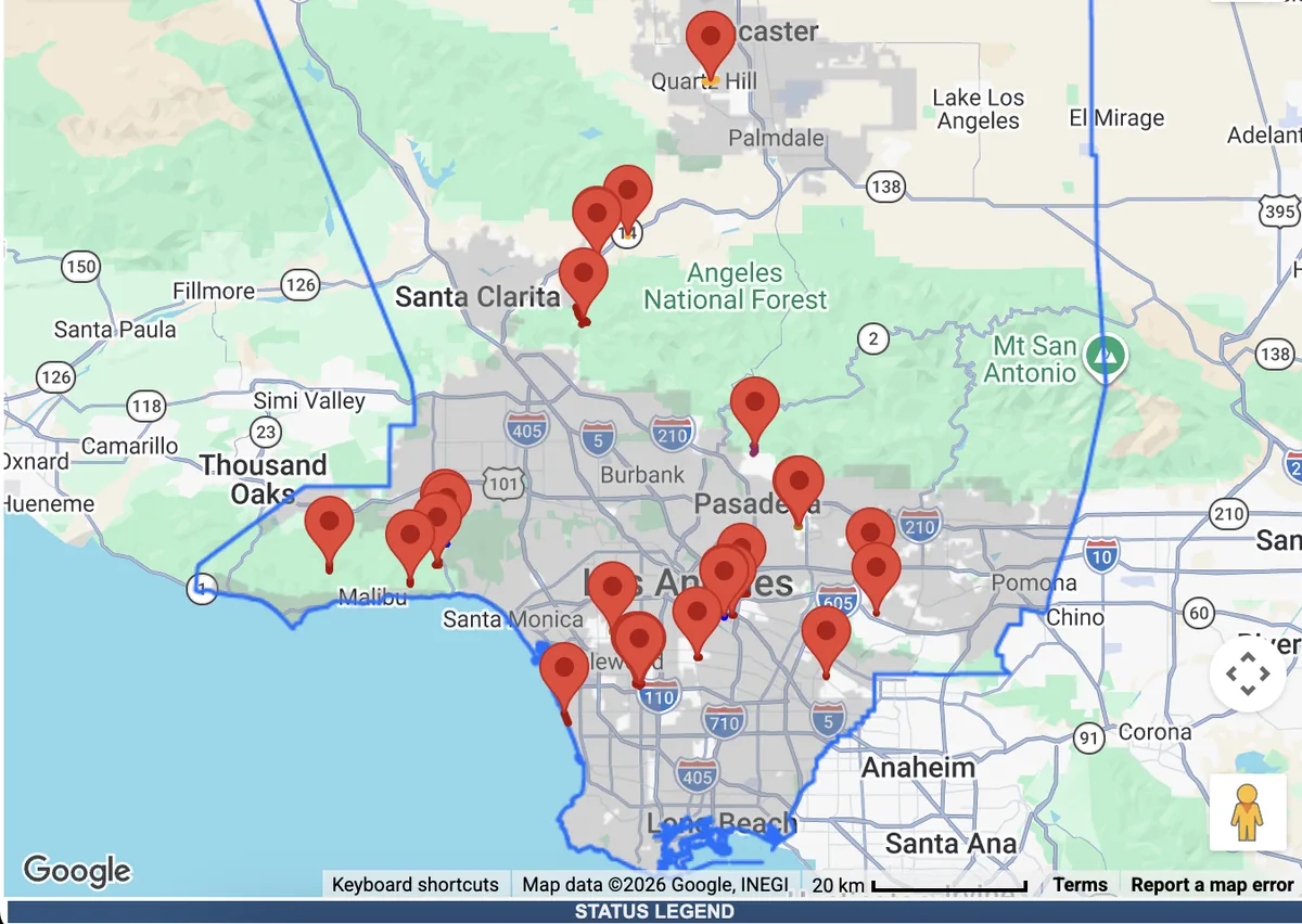 Screenshot of the Sigalert road closures map showing closed roads across the Los Angeles and Orange County region.