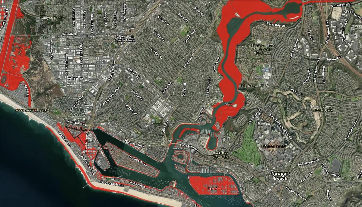 Screenshot of the NOAA Sea Level Rise Viewer showing projected coastal flooding extent under an elevated sea-level-rise scenario.