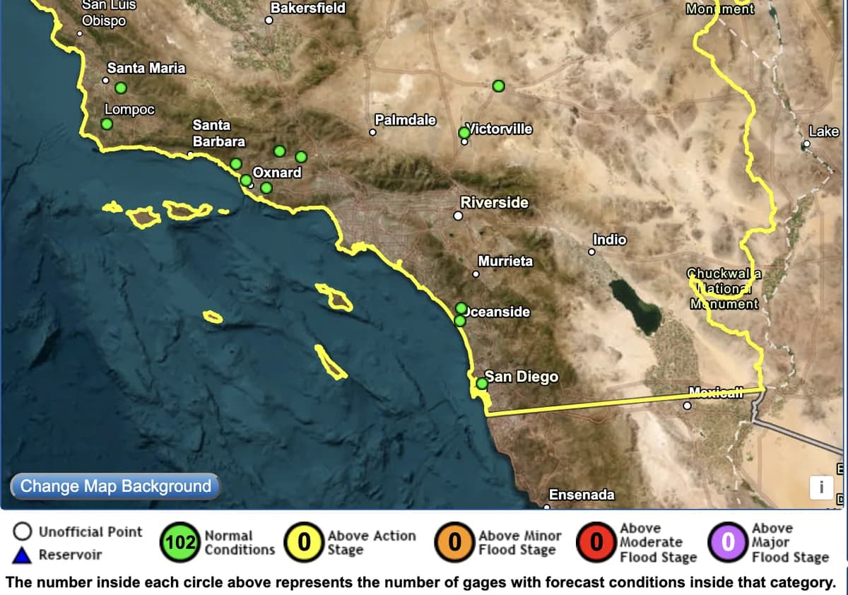 Screenshot of the CNRFC Southern California River Bulletin map showing river gauge locations from Santa Maria to San Diego, color-coded by forecast flood stage.
