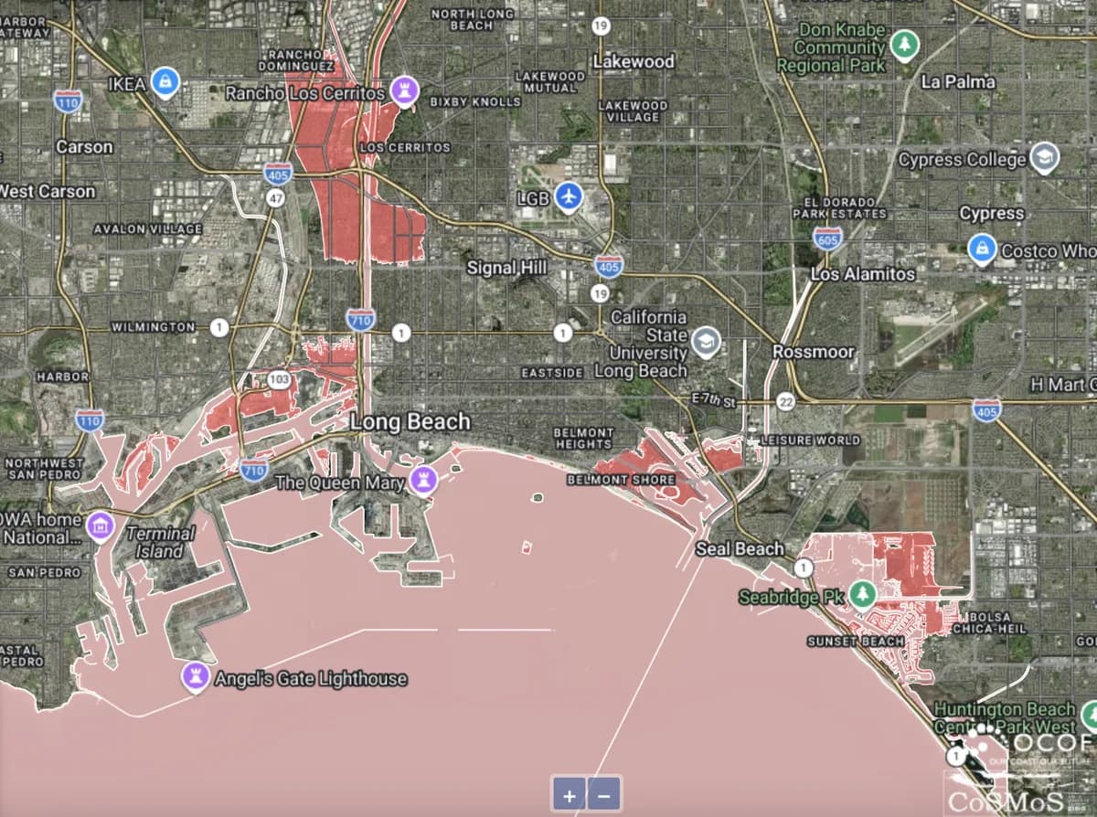 Screenshot of the USGS CoSMoS tool showing color-coded coastal flood and storm-surge exposure zones along a Southern California coastline.