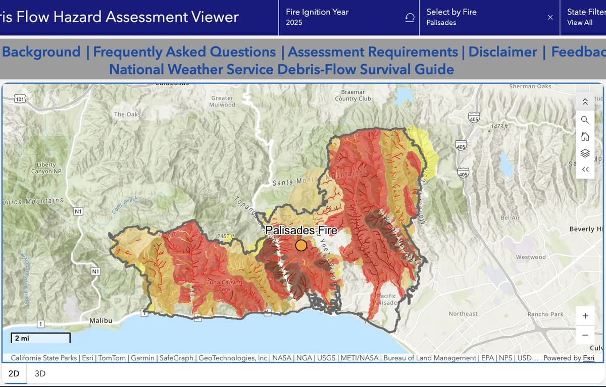 Screenshot of the USGS Post-Fire Debris-Flow Hazard Assessment Viewer showing color-coded debris-flow likelihood across the Palisades Fire burn area in the Santa Monica Mountains.