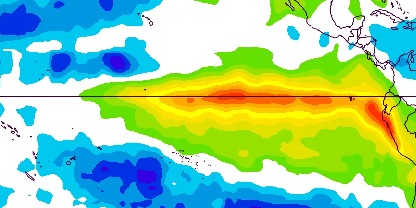 Map of Pacific sea surface temperature anomalies in December 1982, showing a broad band of warmer-than-normal water along the equator from the central Pacific to South America.