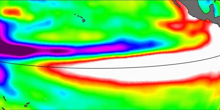 Satellite map of Pacific sea levels in early October 1997, showing higher-than-normal water across the central and eastern equatorial Pacific.