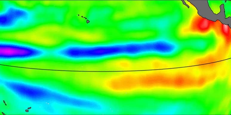 Satellite map of Pacific sea levels in early October 2023, showing a smaller, weaker area of higher-than-normal water than in 1997 or 2015.