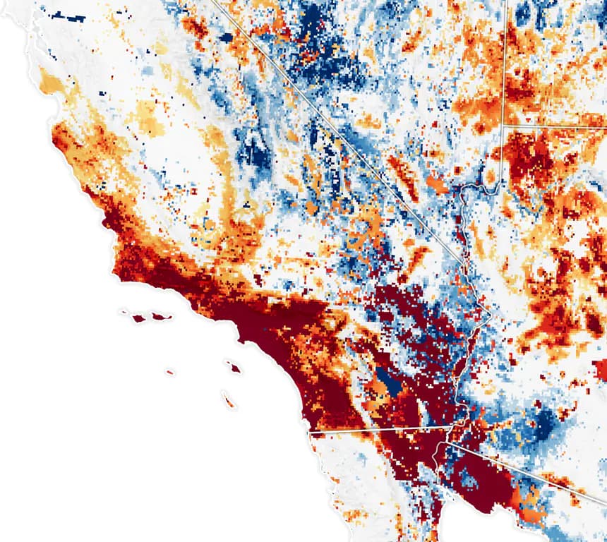 Map of Southern California soil moisture on January 7, 2025, with the Los Angeles area among the driest on record for that date.